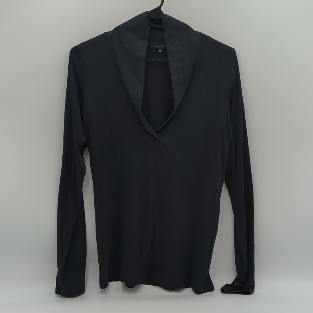 Theory Long Sleeve Cotton Top shawl collar minimalist lightweight quiet luxury
